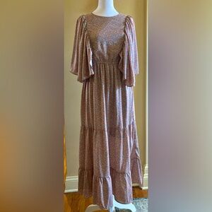 Lilac Mauve Tiered Flutter Sleeve Floral Dress